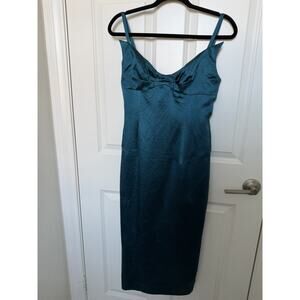 Loren Scott Womens Teal Green Satin Cowl Neck Spaghetti Strap Midi Dress Sz 10
